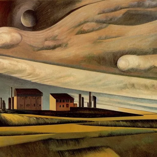 Image similar to dreaming futuristic rural landscape with modern houses, painted by Giorgio de Chirico, highly detailed