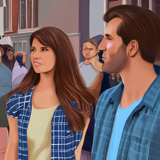 Prompt: On the right there is a brown-haired man wearing a blue plaid shirt holding the hand of a brown-haired woman wearing a light blue blouse and jeans and looking at him angrily, The man is looking behind him and whistling appreciatively at a blurred woman wearing a red sleeveless dress in the foreground, intricate, elegant, highly detailed, digital painting, artstation, concept art, smooth, sharp focus, illustration, art by artgerm and greg rutkowski and alphonse mucha and andrei riabovitchev