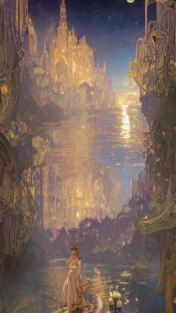 Image similar to a beautiful painting of the view from the river of an ancient many stories tall, narrow round cylindrical tower, with art nouveau architecture, at night with a sky full of stars, intricate, elegant, highly detailed, digital painting, artstation, concept art, by krenz cushart and artem demura and alphonse mucha