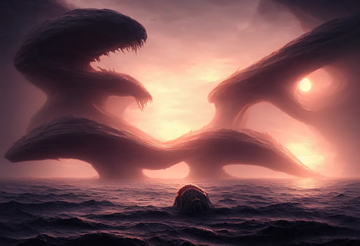 Prompt: strange sea creature emerging from surface of autumn planet at sunset, ultra high definition, ultra detailed, symmetry, fog, matte painting, by greg rutkowski and ross tran and wlop