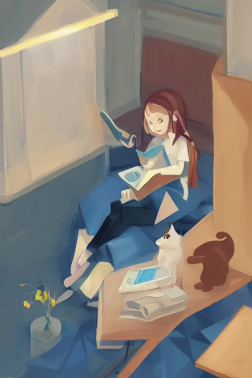 Image similar to a digital painting of a girl reading a book with a cat in A comfortable study room at night,JK uniform ,Hairdryer,blue theme,geometric shapes,S line,hard edges, by krenz cushart and liduke