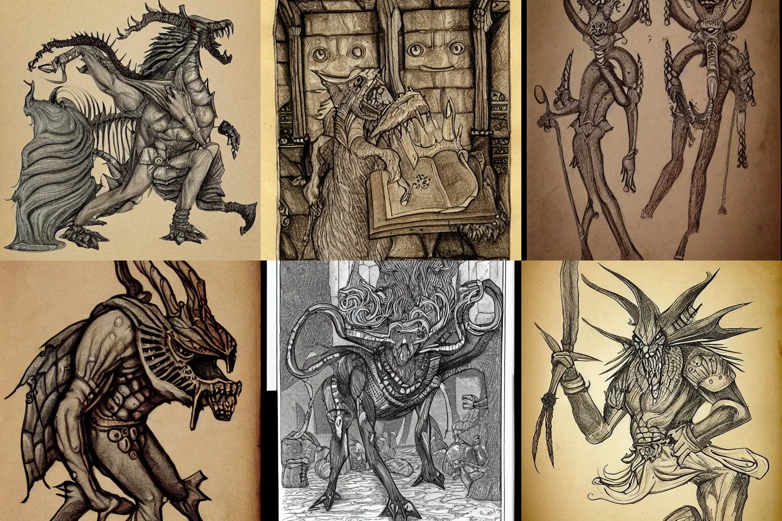 Prompt: Ancient book drawings of fantasy monsters