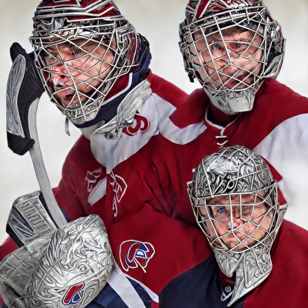 Image similar to beautiful portrait of Patrick Roy as a hockey coach, fantasy, intricate, elegant, highly detailed, digital painting, artstation, concept art, smooth, sharp focus, luxury fashion illustration, art by artgerm and greg rutkowski and alphonse mucha, brightly lit cinematic soft lighting, photorealistic