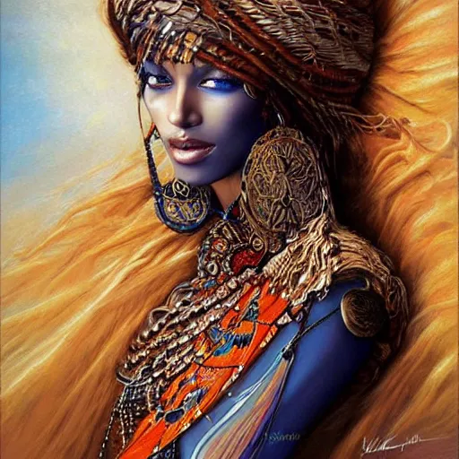 Image similar to a full body beautiful touareg woman by karol bak, ayami kojima, artgerm, sakimichan, arabian beauty, blue eyes, smile, concept art, fantasy