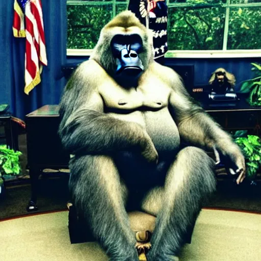 Image similar to harambe is president and sitting in the oval office