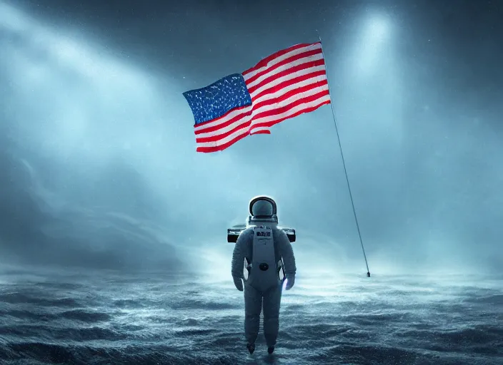 Image similar to astronaut holding a flag in an underwater desert. a submarine is visible in the distance. dark, concept art, cinematic, dramatic, atmospheric, 8 k, trending on artstation, blue, fish, low visibility, fog, ocean floor, christopher nolan, interstellar