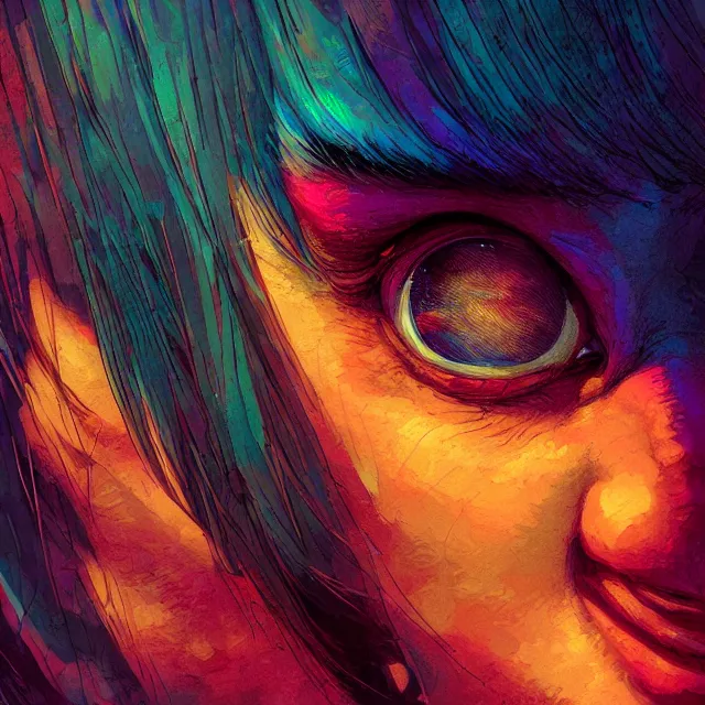 Prompt: macro shot of a soft relaxing smile, colorful, sharp and focus, ultra detailed, beautifully lit, in the art style of dan mumford and marc simonetti