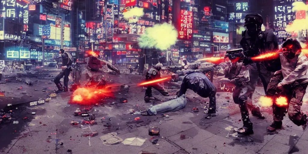 Prompt: 1991 Video Game Screenshot, Anime Neo-tokyo Cyborg bank robbers vs police, bags of money, Police officer hit, Bullet Holes and Blood Splatter, Hostages, Smoke Grenade, Sniper Fire, Chaotic, Cyberpunk, Anime VFX, Machine Gun Fire, Violent, Action, FLCL, Shootout, Highly Detailed, 8k :4 by Katsuhiro Otomo + Studio Gainax + Arc System Works : 8