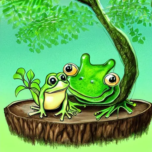 Prompt: a cute frog and a bonsai, in a forest, digital art