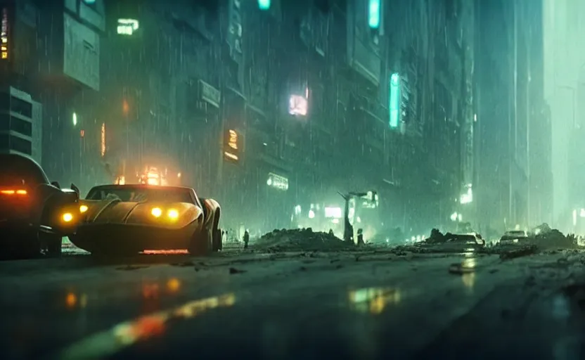 Prompt: car chase though an overgrown destroyed city, epic composition, beautiful lighting, hdr, artistic, cinematic design, by blade runner and rick and morty