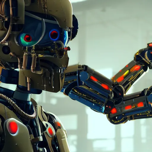 Prompt: a closeup shot of a robot being repaired in factory,cyberpunk,2077,big mecha,gundam,realistic,8k