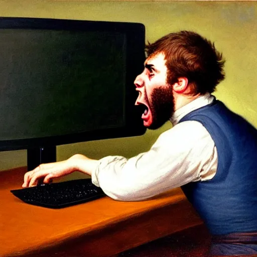 Image similar to an angry man yells at his computer monitor, oil on canvas, 1 8 8 3, highly detailed