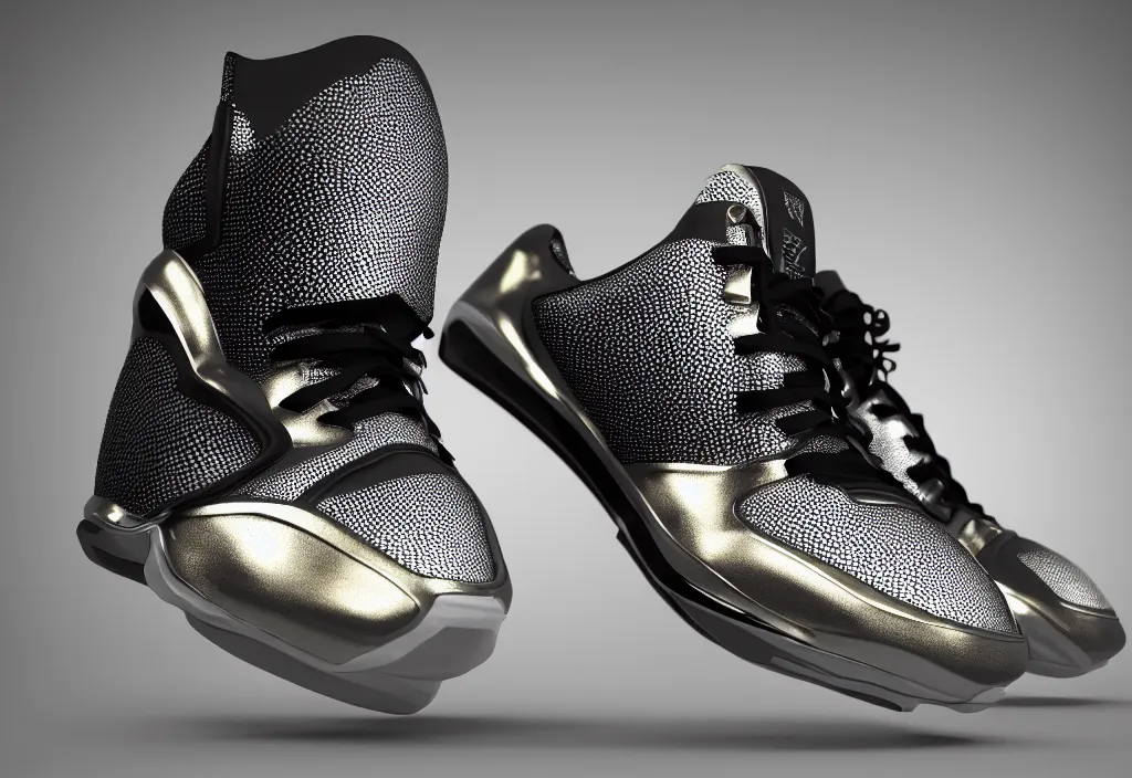 Prompt: realistic 3 d render of a futuristic sneaker, beautiful studio lighting, soft, sharp focus, neon glowing lines, intricate detail, gold and silver leather, soft white rubber, shiny plastic, black hexagon mesh, black filigree, octane render, side view, close up, trending on artstation, deviantart, nike, reebok, salomon