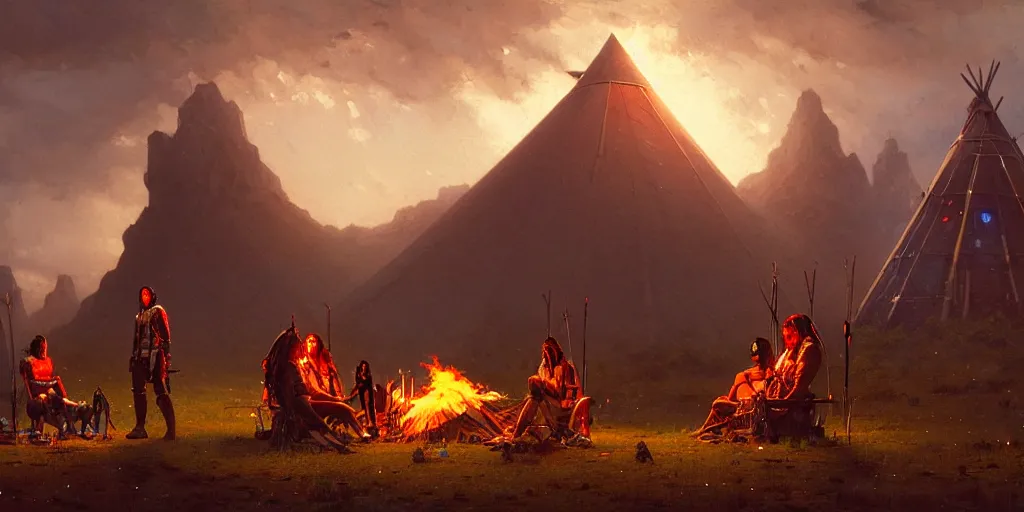 Image similar to an old native american and some cyborgs roboters sitting together at a fire in front of one tipi, beatiful mountain background, cyberpunk, tech wear, by albert bierstadt, by greg rutkowski, highly detailed, warm lightning, digital painting