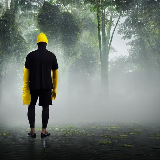 Prompt: photo studio with rainforest and foggy background. fisherman in yellow balenciaga cloth, plastic bag and black mask. photorealistic high resolution, redshift render, 8 k