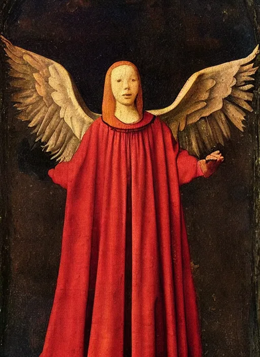 Image similar to Flying Fallen Angel with wings dressed in red, Medieval painting by Jan van Eyck, Johannes Vermeer, Florence