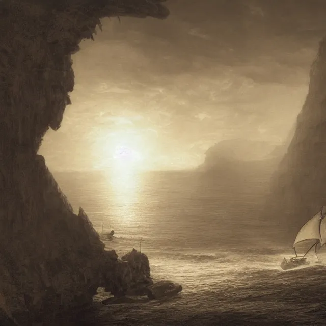 Image similar to photorealistic sepia painting of a pirate ship sailing in front of a tropical island cliff with the mouth of a grotto at the waterline, dark, brooding, atmospheric, lovecraft, by dave dorman