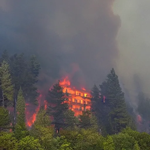 Image similar to a beautiful photo of a small hotel engulfed in a forest fire