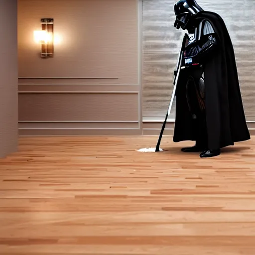 Image similar to a photo of darth vader mopping the wooden floor