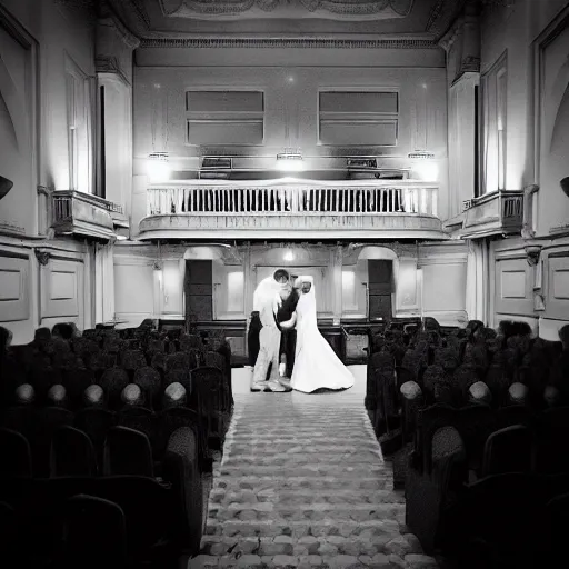 Prompt: cadmus and harmony get married with a small intimate audience at marylebone town hall and david bailey takes the photos, black and white, ilford ilfocolour 400, tlr rolleiflex T, octane render, 4k, realistic