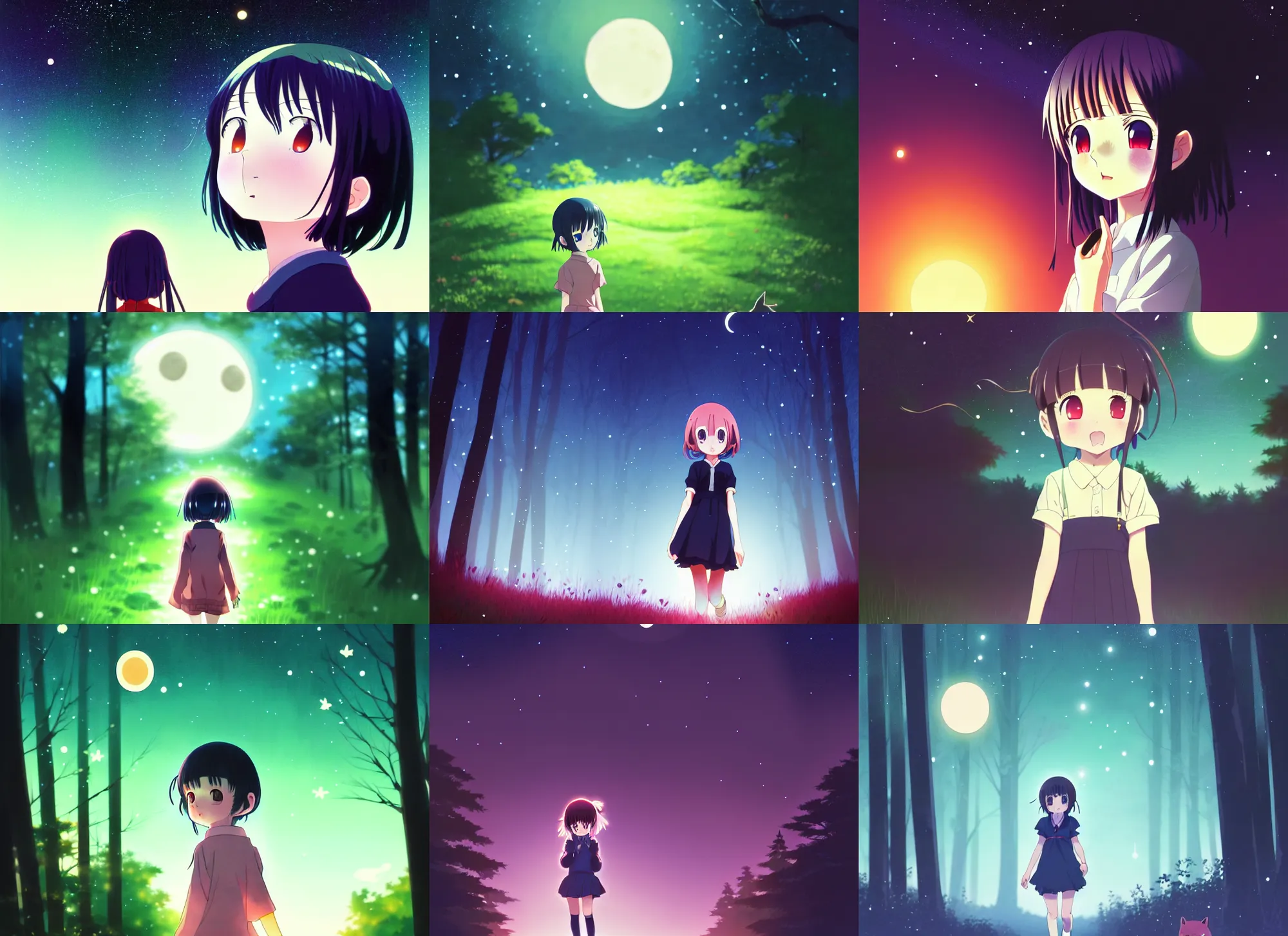 Prompt: anime visual, portrait of a curious young girl walking in a forest at night, night sky, very dark, moon, cute face by ilya kuvshinov, yoh yoshinari, dynamic pose, dynamic perspective, rounded eyes, kyoani, natsume yuujinchou, smooth facial features, mamoru hosoda