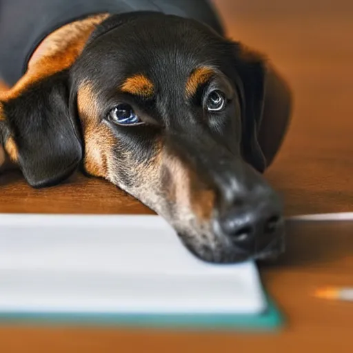 Prompt: a photo of a dog studying for an exam