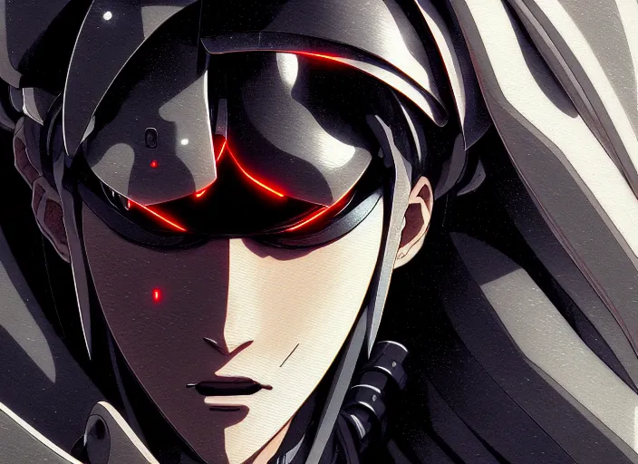 Image similar to a anime portrait of a cyborg ninja, finely detailed features, closeup at the face, sharp focus, perfect art, scenic background, cinematic lighting, intricate, anime, illustration, artstation, trending on pixiv fanbox, painted by greg rutkowski, studio ghibli, yoji shinkawa, hayao miyazaki,