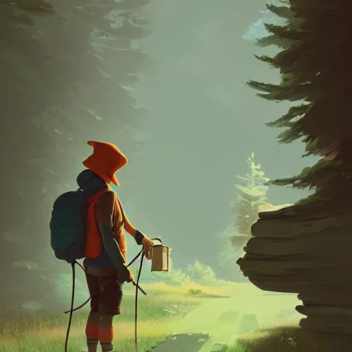 Prompt: ilustration hiker unloading the car before camping, characterized by roman shipunov, etienne hebinger, atey ghailan, cgsociety, cynical realism, fantasy art, 2 d game art