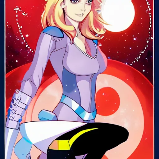 Image similar to a still of a Swedish anime girl from space Oddessey by Phil Noto and Alex Ross, in comic book cover style
