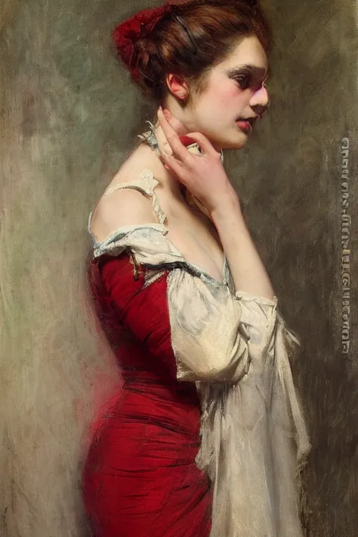 Image similar to Solomon Joseph Solomon and Richard Schmid and Jeremy Lipking victorian genre painting full length portrait painting of a young beautiful woman french courtesan in fantasy costume, red background