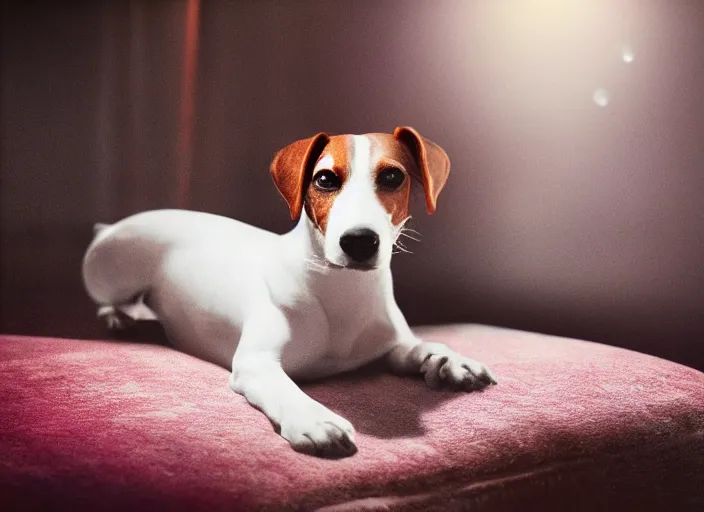 Image similar to photography of a Jack Russel . watching outside the window. on a bed. in a vintage room full of vinyls and posters.,volumetric light, photorealistic,, award winning photo, 100mm, sharp, high res