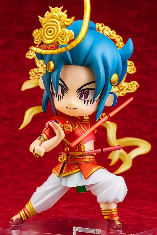 Image similar to arty chinese mythology ne zha nendoroid full body hyperdetalied, hero action pose, osamu tezuka, macoto takahashi, chibi, q posket, 8 k realistic, 3 d, cryengine, exquisite, red cloth around his shoulders, hold spear, ne zha ( 2 0 1 9 ), fenghua zhong,