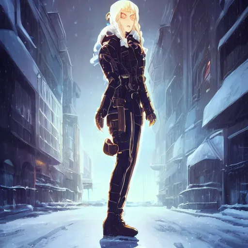 Image similar to portrait of the pale blond soldier Deckard, long curly blond hair, jagged black cyberpunk armor, imperial russian city streets covered in snow, sci fi, night time, ambient lighting, 4k, anime key visual, lois van baarle, ilya kuvshinov, rossdraws, artstation