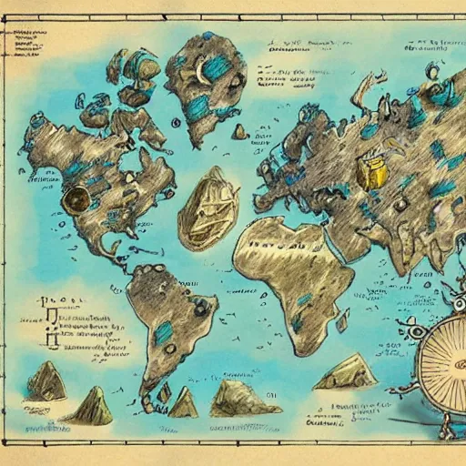 Image similar to imaginary map of a fantacy world, drawing of different elements in the lands, different realms, blueprint, infographic, on paper, natural colors, vintage, with notes, highly detailed, trending on artstation, beautiful