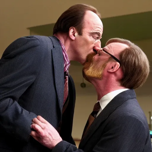 Prompt: saul goodman and walter white kissing