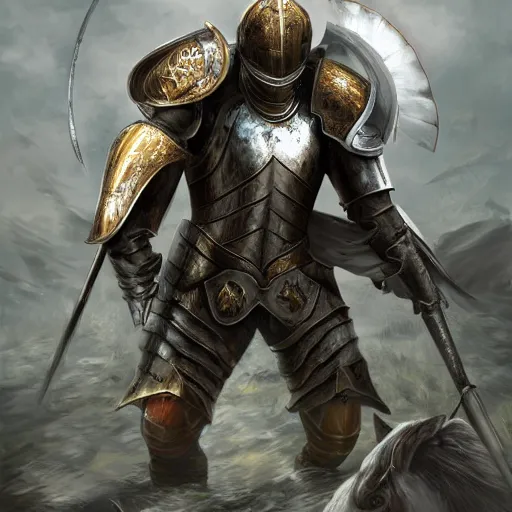 Image similar to a knight in shining armor in epic battle, digital art, trending on artstation, hyper detailed, insanely complex