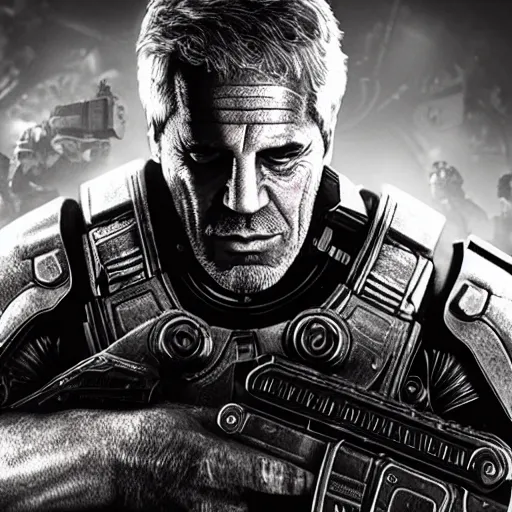 Image similar to jeffrey epstein in gears of war, splash art, movie still, cinematic lighting, glowing, neon light, ray tracing, octane render, long lens, shallow depth of field, bokeh, anamorphic lens flare, 8 k, hyper detailed, 3 5 mm film grain