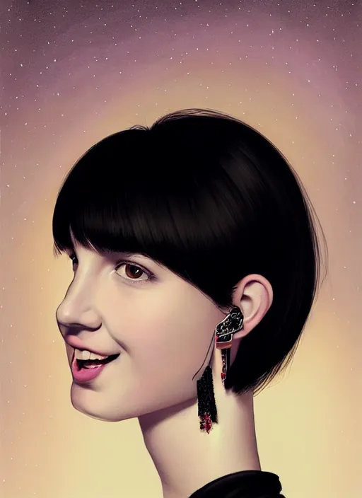 Image similar to portrait of white teenage girl, narrow face, short black hair, bangs, half updo hairstyle, buck teeth, smile, unattractive, defined jawline, long chin, wearing hair bow, earrings, intricate, elegant, glowing lights, highly detailed, digital painting, artstation, sharp focus, illustration, art by wlop, mars ravelo and greg rutkowski