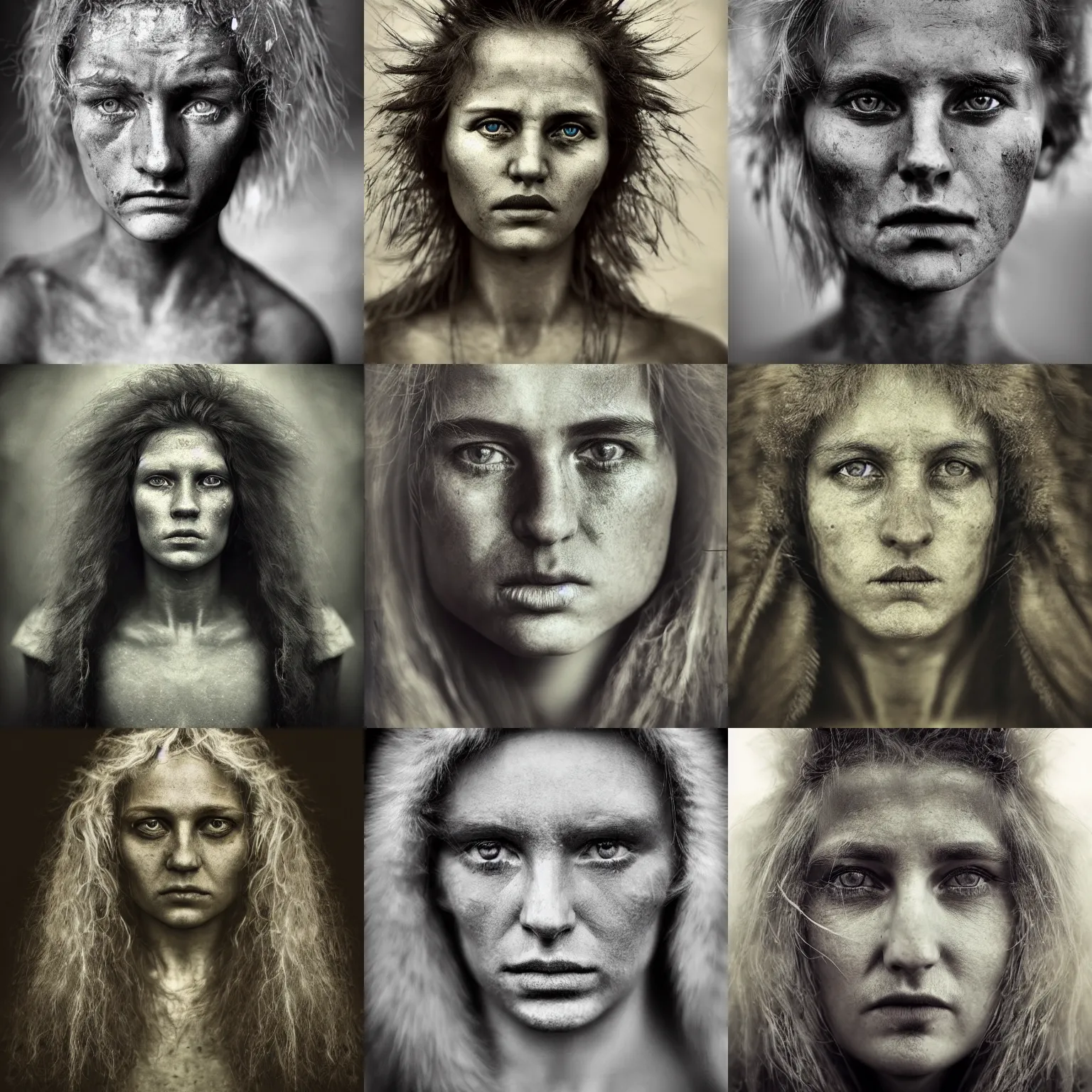 Prompt: Award Winning detailed reportage Face Portrait of a Early-medieval Russian Female with incredible hair and beautiful eyes wearing animal skin by Lee Jeffries, 85mm ND 5, perfect lighting, gelatin silver process