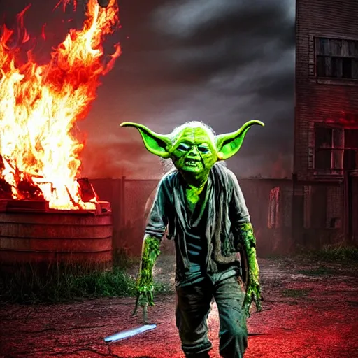 Prompt: zombie yoda as a zombified zombie in the walking dead, photograph, hyperrealistic, burning fire city background