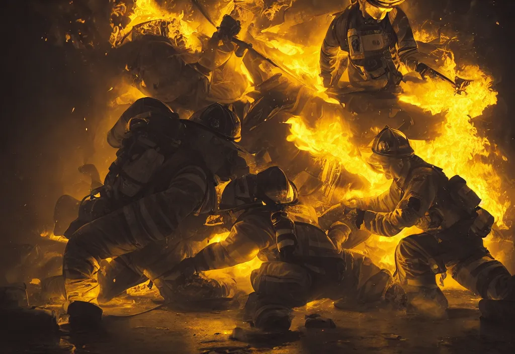 Prompt: one heroic firefighter in action in black and yellow uniform, fire flames, sharp details, sharp focus, realistic, highly detailed, illustration, by yerbol bulentayev and murat gul and pablo olivera and greg rutkowski, bloom, dramatic lighting