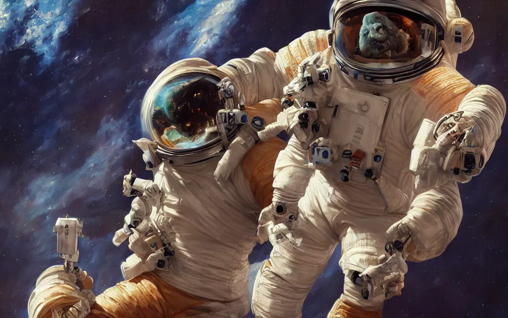 Prompt: bison in astronaut suit floating in deep space, oil on canvas, intricate, portrait, 8 k highly professionally detailed, hdr, cgsociety, sharp focus, artstation, vibrant, cinematic