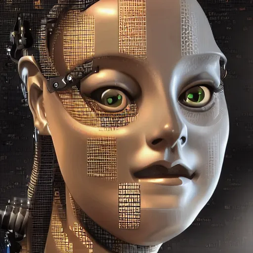 Prompt: a cybertronic version of the mona - lisa looking like a hybrid robot cyborg, with cybernetic led's and hard - surface details, but yet distinctly looking like the classic mona lisa as a robot