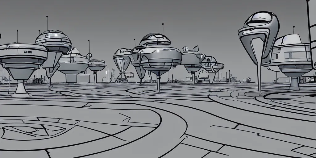 Image similar to futuristic space port in the style of the jetsons cartoon, retro line art, path traced