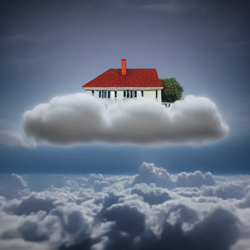 Prompt: 3D render of a house above clouds, surreal style