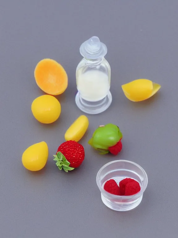 Image similar to 3 5 mm detailed miniature diorama of plastic yogurt bottle filled with fruits