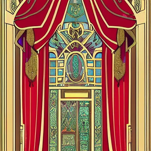 Prompt: symmetrical mural painting from the early 1 9 0 0 s in the style of art nouveau, red curtains, art nouveau design elements, art nouveau ornament, scrolls, flowers, flower petals, rose, opera house architectural elements, mucha, masonic symbols, masonic lodge, joseph maria olbrich, simple, iconic, masonic art, masterpiece, artgerm