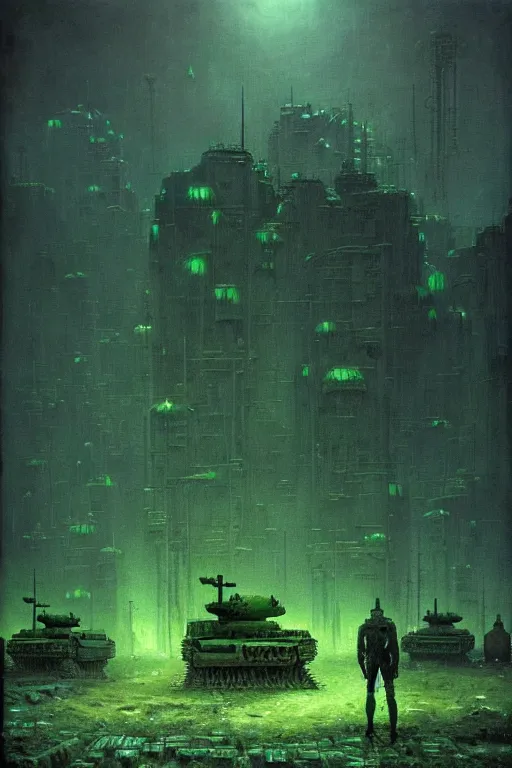 Image similar to glowing green crystals irradiating infested city, wasteland, survival post - apocalyptic, ruined tanks, beksinski