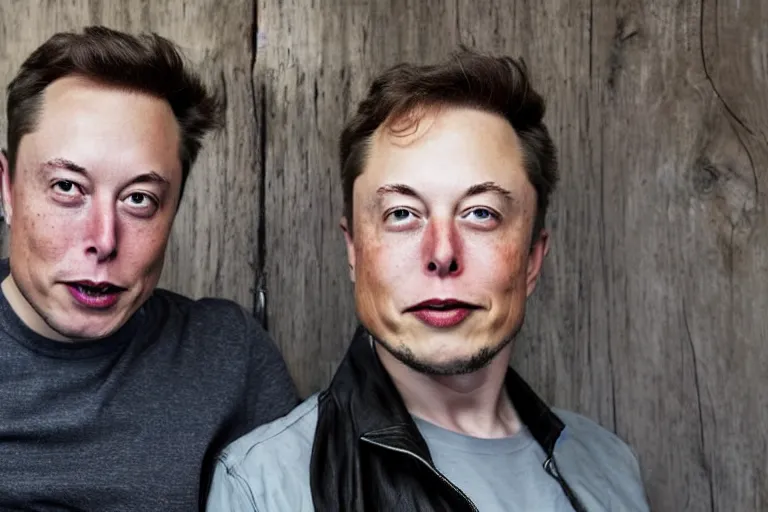 Image similar to A portrait photo of Elon Musk teams up with a teenage Elon Musk, perfect faces, 50 mm, award winning photography