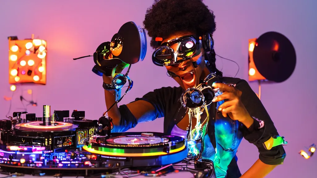 Image similar to a black woman wearing goggles and visor and headphones using an intricate clockwork record player turntable contraption, robot arms, turntablism dj scratching, intricate planetary gears, smoky atmosphere, cinematic, sharp focus, led light strips, bokeh, iridescent, black light, fog machine, hazy, lasers, spotlights, motion blur, color